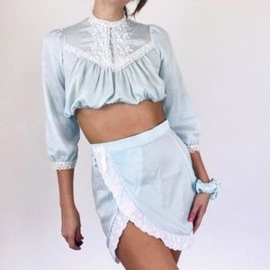 Vintage Dior Blue Crop Top Lace Skirt Set Boho